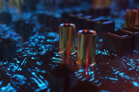 Circuit board with luminous tracks. Encoded data. Computer chip over circuit Stock-Illustration