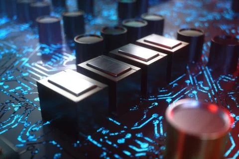 Circuit board with luminous tracks. Encoded data. Computer chip over circuit Stock Illustration