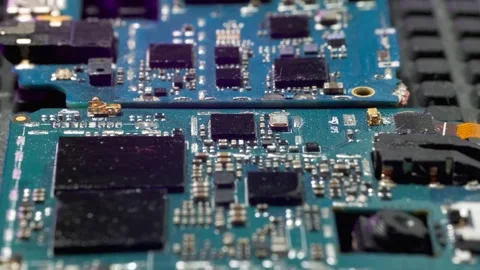 Circuit board macro tracking electrical conductors, microcircuits surface Stock Footage 270453916
