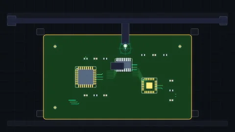 Circuit board microchip assembly and electronic components animation 스톡 동영상 347245083