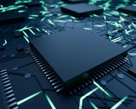 Circuit board microchip close-up technology 3D render Stock Illustration