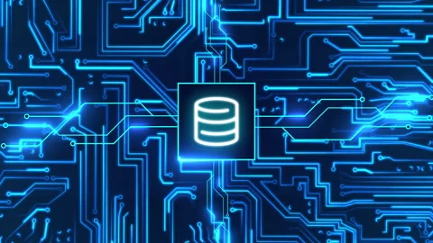 Circuit board with moving electrons and database. Data flow on a motherboard Stock Footage 242820339