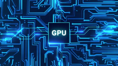 Circuit board with moving electrons and GPU. Data flow on a motherboard. Video stock 242820654