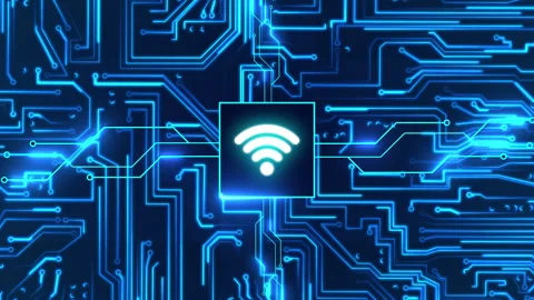 Circuit board with moving electrons and wifi symbol. Data flow on a motherboard Video stock 242820859