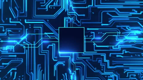 Circuit board with moving electrons and empty space square. Glowing motherboard. Stock Footage 242820864