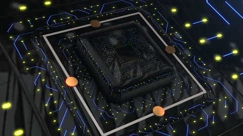 Circuit Board with moving electrons animation. CPU processing Data. Stock Footage 171421041