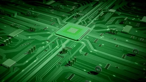 Circuit Board with moving electrons. CPU processing Data. Stock Footage 82596152