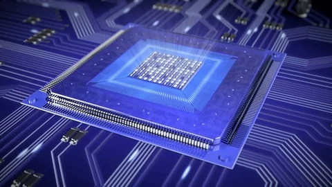 Circuit Board with moving electrons. CPU processing Data. Video stock 82620573