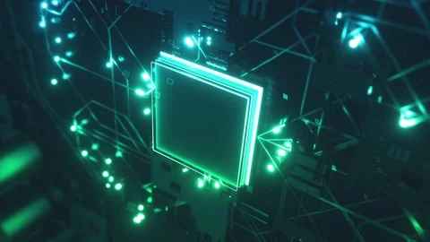 Circuit Board with moving electrons. CPU processing Data. Stock Footage