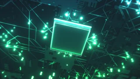 Circuit Board with moving electrons. CPU processing Data. Stock Illustration