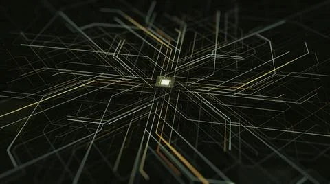 Circuit board with moving electrons, CPU processing data. Animation. Abstract Stock Illustration
