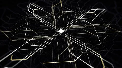 Circuit board with moving electrons, CPU processing data. Animation. Abstract Stock Illustration