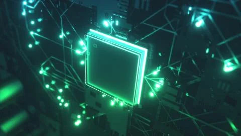 Circuit Board with moving electrons. CPU processing Data. 스톡 사진