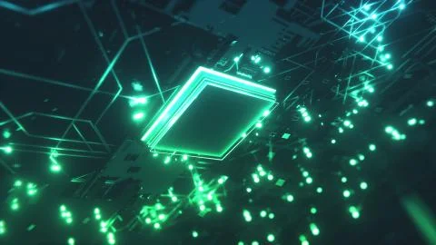 Circuit Board with moving electrons. CPU processing Data. 스톡 사진