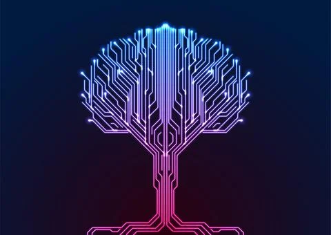 Circuit board neon lines pattern in the shape of the tree abstract glowing ba 스톡 일러스트