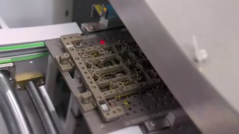 Circuit board panel in carrier moving on conveyor into machine Stock-Footage 347981402