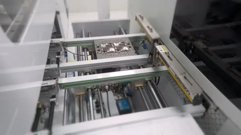 Circuit board panel moving on automated conveyor Stockbeeldmateriaal 347981405