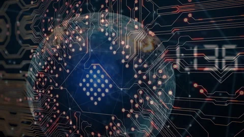 Circuit board pattern and glowing nodes animation over Earth globe Stock Footage 304311943