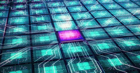 Circuit Board Pattern Close Up. CPU Data Processing. Futuristic AI Processor. Stock Footage 158390340