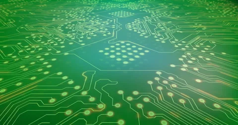 Circuit board pattern with glowing lines, technology animation over green Stock Footage 304312522