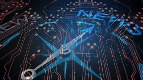 Circuit board pattern with NEWS text and arrow animation overlay Stock Footage 304011686