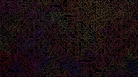 Circuit board pattern with rainbow colors, network of lines and nodes for Stock Footage 324490824