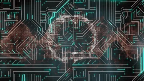 Circuit-board pattern showing nebula wisps forming ring, teal traces pulsing to Stock Footage 333900840