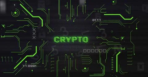 Circuit board patterns surround bold CRYPTO text Illustrazione stock