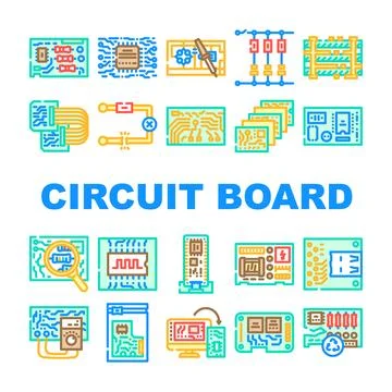 Circuit board pcb microcontroller icons set vector Stock Illustration