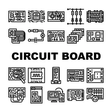 Circuit board pcb microcontroller icons set vector Stock Illustration
