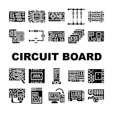 Circuit board pcb microcontroller icons set vector Stock Illustration
