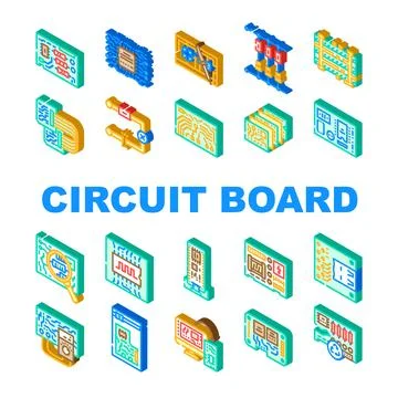 Circuit board pcb microcontroller icons set vector Stock Illustration