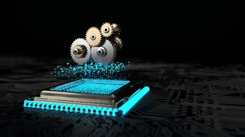 Circuit board with a processor and gear wheels. 3d illustration. Stock Illustration