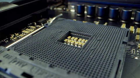 Circuit Board Processor Chips Data Streams. Super Macro Imaging of Modern Stock Footage 191595355