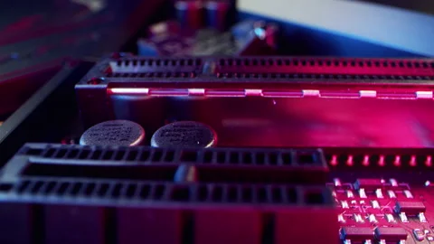 Circuit Board Processor Chips Data Streams. Super Macro Imaging of Modern Stock Footage 192398124