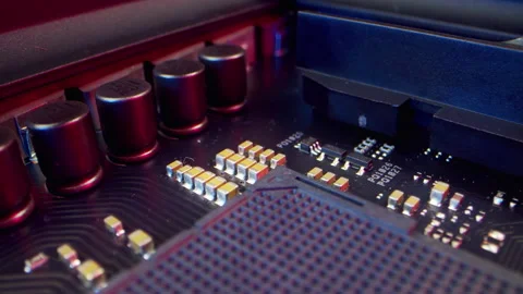Circuit Board Processor Chips Data Streams. Super Macro Imaging of Modern Stock Footage 193948749
