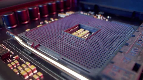Circuit Board Processor Chips Data Streams. Super Macro Imaging of Modern Stock Footage 193949995