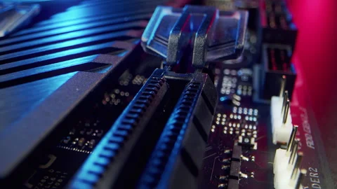 Circuit Board Processor Chips Data Streams. Super Macro Imaging of Modern Stock Footage 193950728