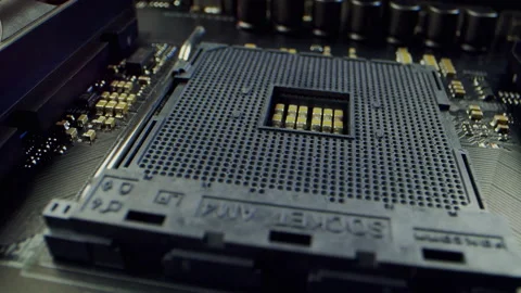 Circuit Board Processor Chips Data Streams. Super Macro Imaging of Modern Stock Footage 194419609