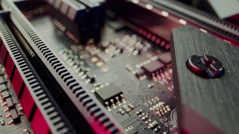 Circuit Board Processor Chips Data Streams. Super Macro Imaging of Modern Stock Footage 194959233