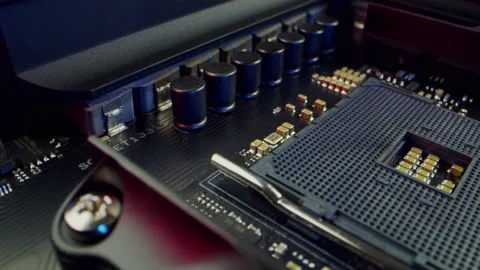 Circuit Board Processor Chips Data Streams. Super Macro Imaging of Modern Stock Footage 194959423