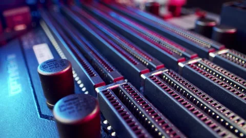 Circuit Board Processor Chips Data Streams. Super Macro Imaging of Modern Stock Footage 194959520