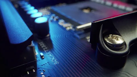 Circuit Board Processor Chips Data Streams. Super Macro Imaging of Modern Stock Footage 195617503