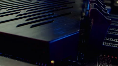 Circuit Board Processor Chips Data Streams. Super Macro Imaging of Modern Stock Footage 195618007