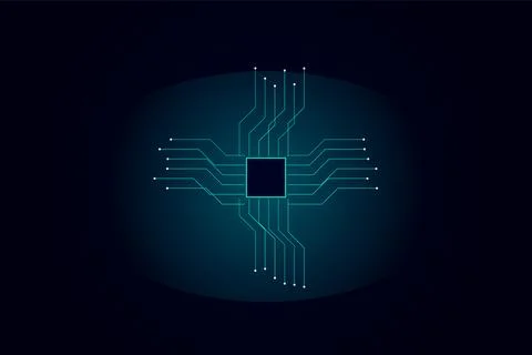 Circuit board processor concept with glowing blue pathways for hardware tec.. Stock Illustration
