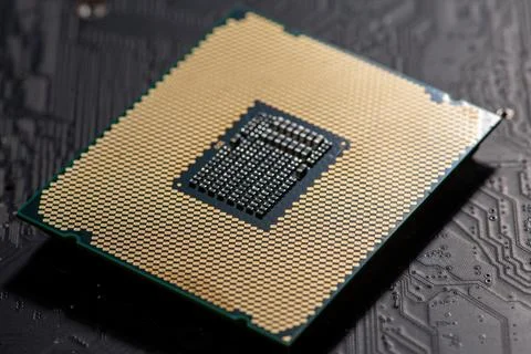 Circuit board with processor on electronic surface. Circuit board in macro .. Stock Photos