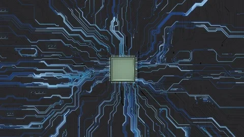 Circuit board processor technology background central microchip, blue electric Stock Footage 334061089