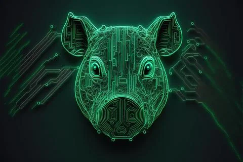 Circuit board in the shape of a 3d pig made of line art.Ai generated Stock Illustration