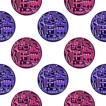 Circuit Board Sphere Seamless Pattern. Flat Design. Modern Computer Technology Stock Illustration