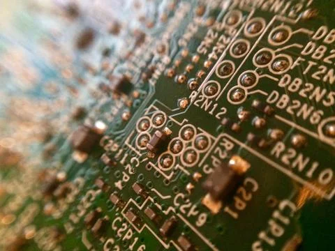 Circuit board with surface mounted devices selective focus at oblique angle Stock Photos